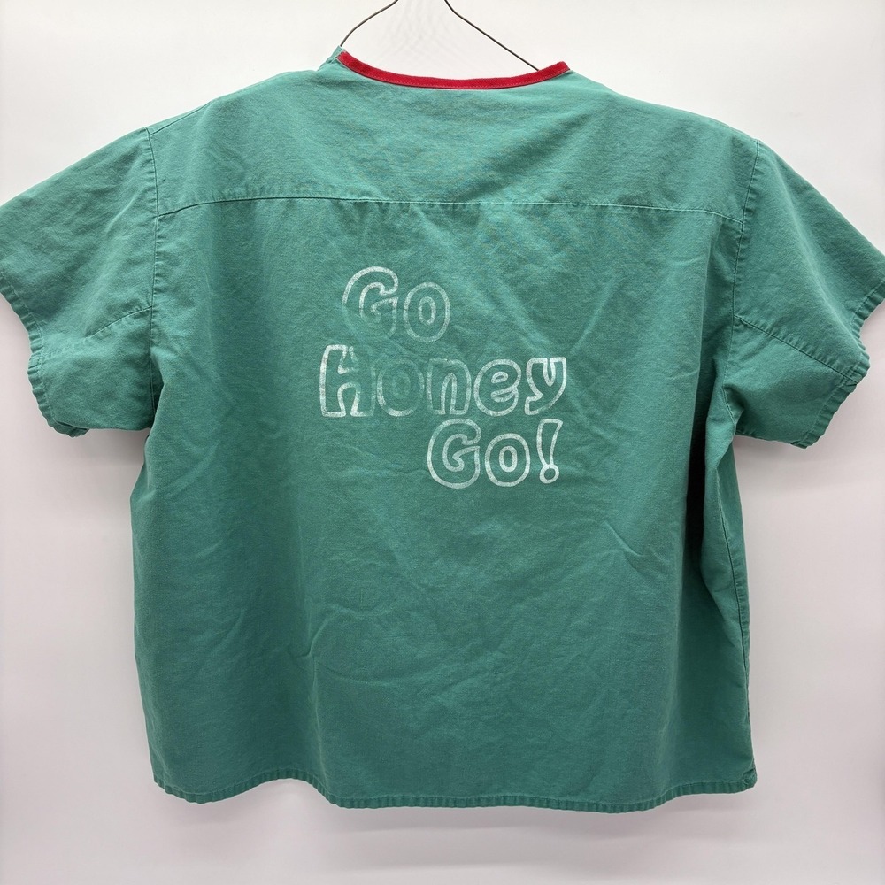 Vintage Angelica‎ Scrub Top Shirt Mens X-Large Green Coach Graphic Made USA 80s